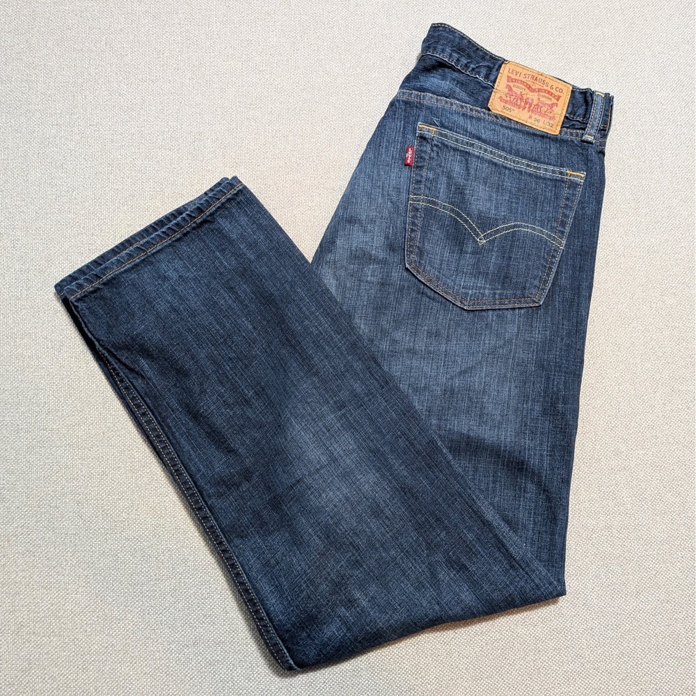 Levi's 505 Men's Dark Wash Jeans W36 L32 Regular Fit Straight Leg Denim Blue
